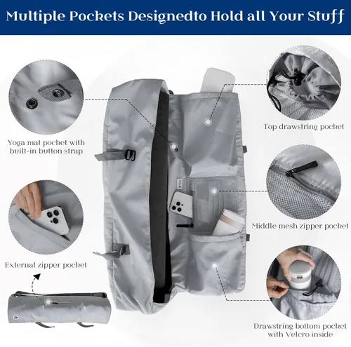 Vista 3 de Bolsa para esterilla de yoga Tumaz Correa de hombro ajustable y acolchada Se adapta a esterillas de hasta 26" Almacenamiento multibolsillo