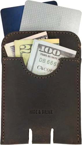 Vista 2 de Hide & Drink, Tarjetero de negocios, organizador de efectivo minimalista hecho a mano de cuero de grano completo, Bourbon Marrón, Classic
