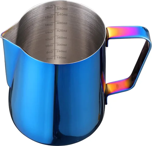 Jarra de espuma de leche de 20 onzas, taza de acero inoxidable perfecta para arte con leche, máquina de café expreso, cafetera de capuchino, Azul