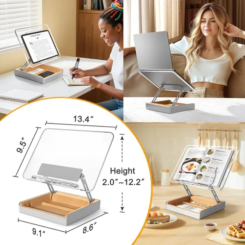 Vista 8 de Soporte para libros con almacenamiento, soporte para libros para lectura con manos libres, soporte de madera para libros de cocina para encimera