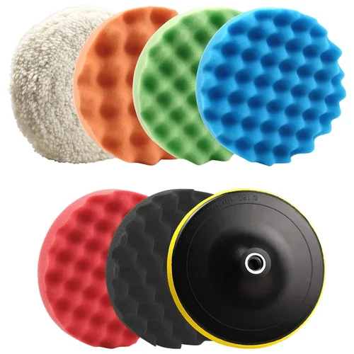 OTUAYAUTO Almohadilla de pulido de 7 pulgadas, 5 piezas de espuma de gofre, 1 almohadilla de pulido de lana y una placa de refuerzo de agarre