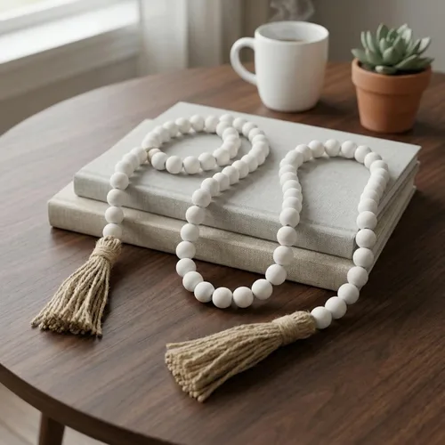 Vista 8 de Cuentas estilo granja, guirnalda de cuentas de madera de 58 pulgadas con borlas, decoración rústica de campo, cuentas bohemias de oración