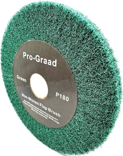 Vista 21 de Rueda de cepillo de aletas no tejida verde de 6" x 1" de grano 180 para amoladora de banco, pulido, bruñido, acabado satinado para aluminio, cobre