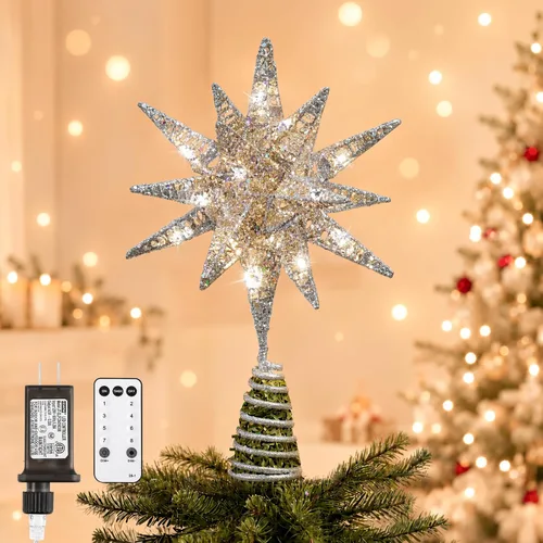 Vista 19 de Lewondr Decoración para árbol de Navidad, enchufe 3D Starburst iluminado A-champán Oro
