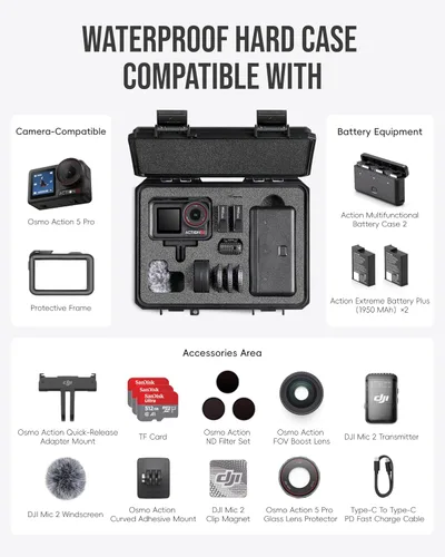Vista 2 de Funda rígida portátil impermeable para DJI Osmo Action 5 Pro/4/3 accesorios de cámara de acción compatible con combo estándar, compatible