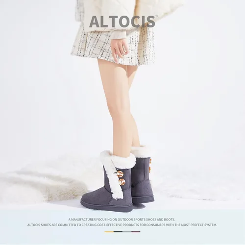 Vista 6 de ALTOCIS Botas de nieve de invierno con forro de piel para mujer botas cortas de media pantorrilla botas de moda con botón de resina artística botas