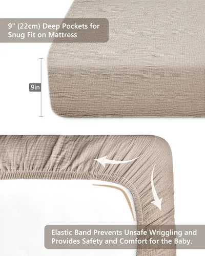 Vista 3 de Sábanas de cuna para niños y niñas, sábanas bajeras para cama de bebé de 28 x 52 pulgadas, ropa de cama de muselina neutra de algodón para cuna