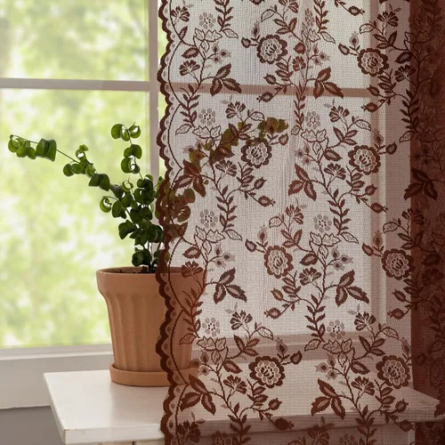 Vista 43 de FINECITY 2 paneles de cortinas de encaje beige de 36 pulgadas de largo con hojas florales rústicas, cortinas cortas y transparentes para ventana