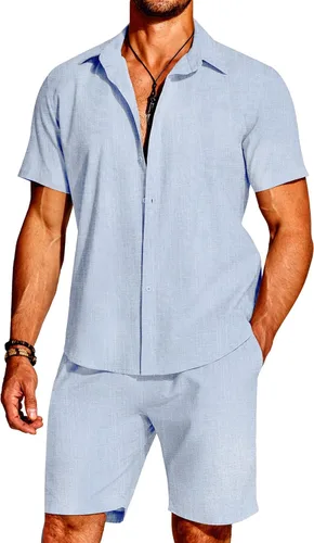 COOFANDY Men's 2 Pieces Cotton Linen Set Short Sleeve Button Down Shirts Summer Beach Shorts Casual Outfits