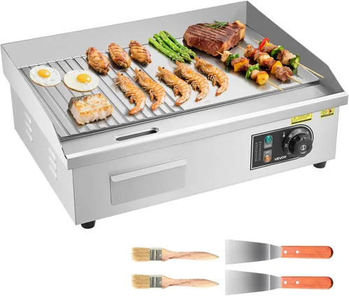 Vista 17 de VEVOR Plancha Eléctrica Comercial, Parrilla Plana de Encimera de 1700W, Plancha de Acero Inoxidable de 14 pulgadas con 2 Espátulas y 2 Cepillos