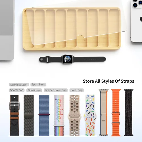 Vista 2 de Organizador de correa de reloj de madera, funciona con todas las correas de Apple Watch, bandeja de almacenamiento de 9 ranuras para reloj con tapa