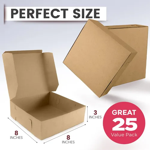 Vista 2 de Fit Meal Prep Paquete de 25 Cajas de Panadería de Papel Kraft, Cajas de Pastelería Marrones de 8 x 8 x 3 Pulgadas, Cajas de Cartón para Dulces