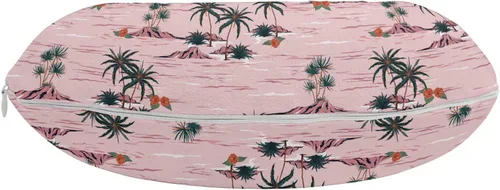 Vista 2 de Ambesonne Hawaii Travel Pillow Neck Rest, Summer Pattern with Palms Rocky Beach and Hibiscus Flora, Memory Foam Traveling Accessory for Airplane and