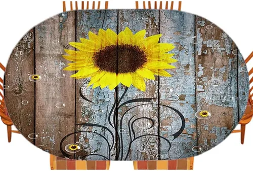 Mantel ajustable elástico ovalado rústico de granja, flores de girasol en la madera de un granero rural, para decoración de mesa de cocina, comedor,
