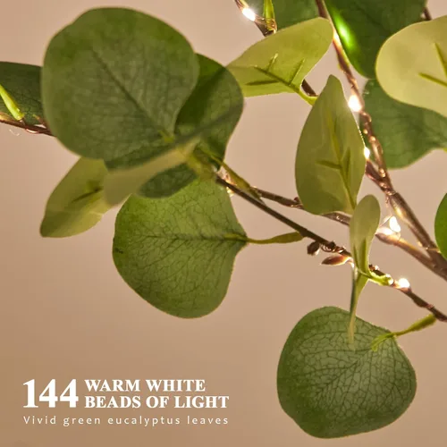 Vista 2 de Árbol de eucalipto iluminado, 144 luces LED de 5 pies, árbol de plantas artificiales, árbol de vegetación artificial con luces para interiores