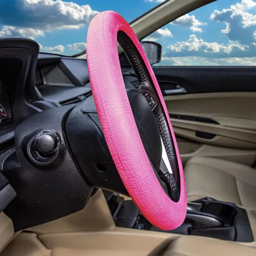 Vista 3 de FH Group Funda universal de volante de silicona con patrón de serpiente y agarre masajeador, en color rosa bebé, compatible con la mayoría de autos