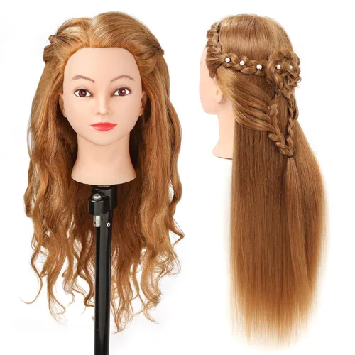 Vista 4 de Cabeza de maniquí de pelo largo de 66-71 cm con 60% cabello real, para práctica de peluquería y cosmetología, con abrazadera y 9 herramientas - #27