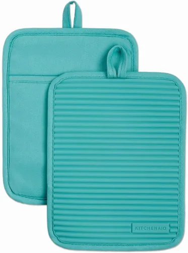 KitchenAid Juego de 2 soportes para ollas de silicona suave acanalados, color cielo aguamarina, 7 x 9 pulgadas