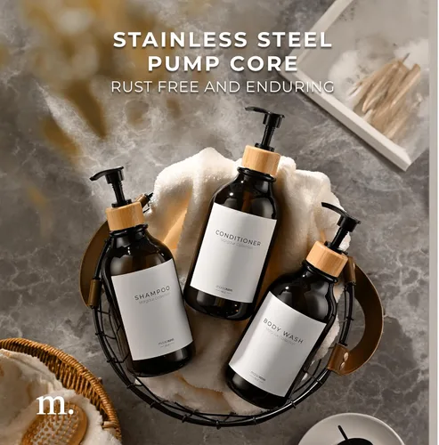 Vista 4 de MaisoNovo Botellas recargables de champú y acondicionador Juego de 3 botellas de plástico ámbar de 16.9 fl oz con bombas de bambú negras