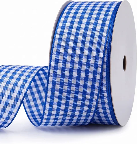 Cinta de cuadros azules de 1.5 pulgadas, 25 yardas cada rollo, borde tejido de poliéster 100% para manualidades, embalaje de regalo, decoración de
