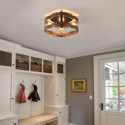 Vista 3 de 4-Luz Rústica Lámpara de Techo de Granja de Madera con Montura Empotrada 14.17 Pulgadas de Madera de Roble y Metal con Jaula de Nubes Semi Empotrada