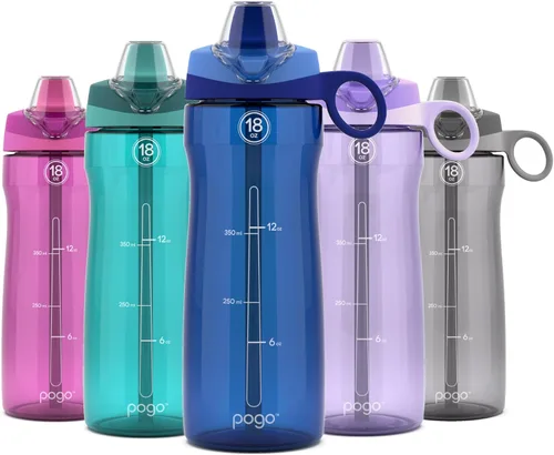 Pogo Botella de agua plástica de 18 onzas con tapa de popote y asa de transporte, reutilizable, sin BPA, apta para lavavajillas, perfecta para