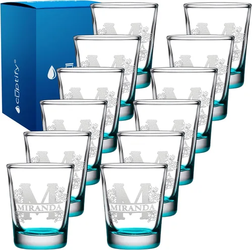 Vista 29 de Inicial y nombre de cristal de chupito personalizado, 2 onzas, parte inferior negra grabada con texto personalizado para regalos, bodas, cumpleaños