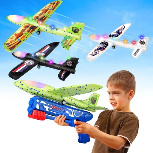 Paquete de 3 juguetes lanzador de aviones, espuma de 12.6 pulgadas, 2 modos de vuelo, catapulta de avión LED, juguetes para niños con 3 calcomanías