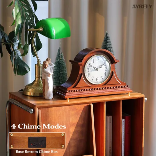 Vista 3 de AYRELY® Reloj de repisa de abuelo con campana de hora/cuarto de hora, elegante marco de madera, relojes de mesa operados con batería, reloj vintage
