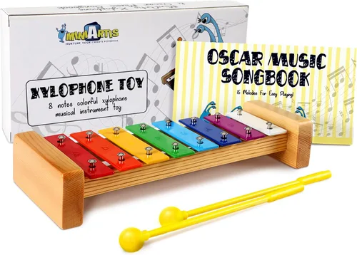 MINIARTIS Xilófono para niños y bebés | Xilófono de madera colorido de 8 notas con baquetas y libro de canciones de 15 piezas | Juguetes educativos