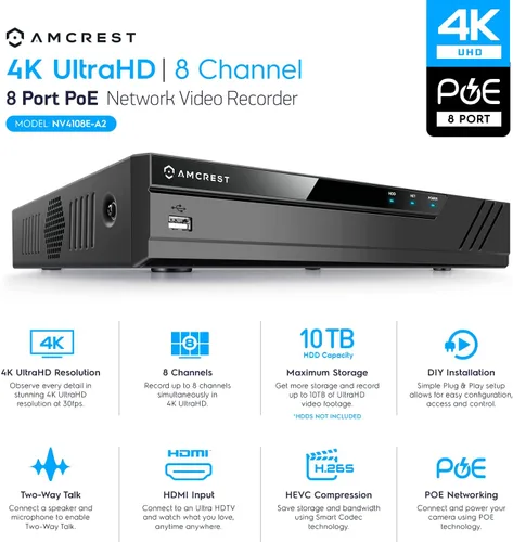 Vista 2 de Amcrest Sistema de cámara de seguridad 4K 8CH con 4K 8CH POE NVR, (4) cámaras IP POE domo de 8 megapíxeles (3840 x 2160), disco duro de 2 TB