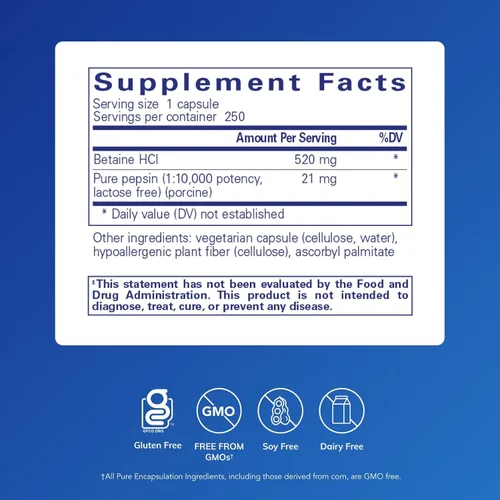 Vista 2 de Pure Encapsulations Betaína HCl Pepsina - Suplemento de enzimas digestivas para ayuda y apoyo a la digestión, ácido estomacal y absorción