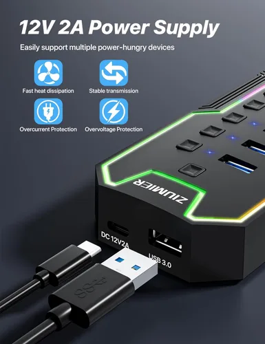 Vista 4 de ZIUMIER Hub USB alimentado, concentrador USB 3.0 de 10 puertos con tira de LED RGB y adaptador de corriente de 12 V/2 A, extensión USB
