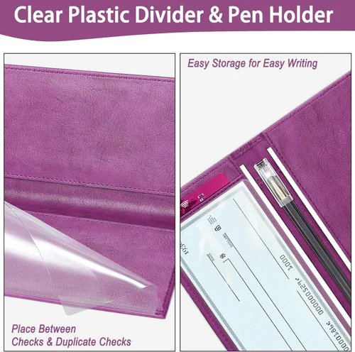 Vista 4 de LLi Cufite Funda de cuero para chequera superior y lateral, cheques duplicados con inserto de plástico, soporte para bolígrafo, billetera delgada