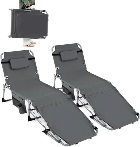 Vista 14 de Goplus Silla de bronceado, silla plegable de playa al aire libre con agujero para cara y brazo, correa de transporte, almohada, silla de descanso