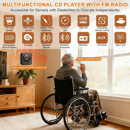 Vista 7 de Gueray Reproductor de CD Bluetooth portátil Reproductores de CD de control de voz sin conexión para el hogar con control remoto de voz reproductor