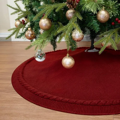 Vista 12 de WBHome - Collar para árbol de Navidad, ajustable de 28 pulgadas, punto de cable, punto grueso rústico, decoración navideña, anillo de árbol de Beige