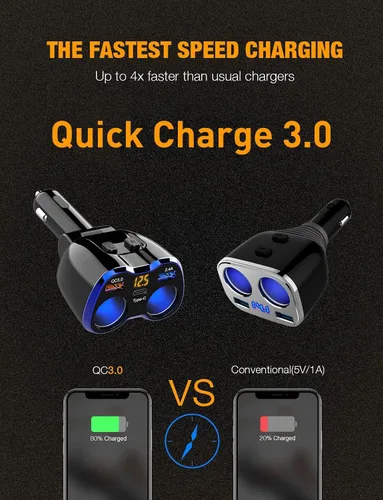 Vista 3 de Cargador de coche, 150 W, 2 enchufes, divisor de encendedor de cigarrillos QC 3.0 puertos USB duales, 1 USB C adaptador rápido para automóvil