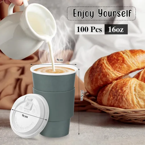 Vista 2 de Tioncy Juego de 100 tazas de café desechables de 16 onzas con tapas y mangas, aisladas, desechables, vasos de papel de viaje calientes