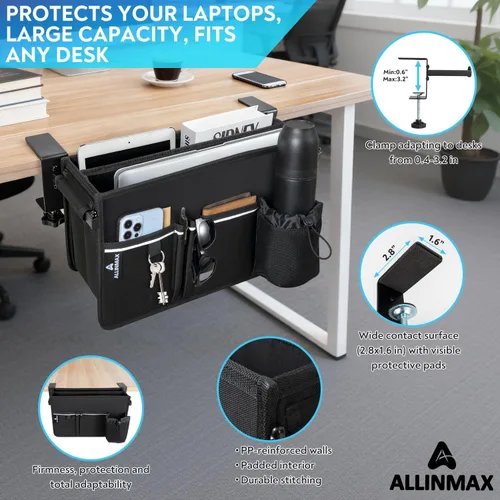 Vista 3 de Soporte de escritorio lateral para laptop para hasta 3 laptops, organizador de escritorio lateral con divisor ajustable y bolsillo para botella