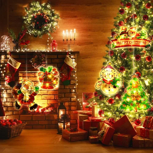 Vista 5 de 5 Piezas Luces de Ventana de Navidad Decoraciones Silueta de Ventana de Navidad Letrero Iluminado Funciona con Baterías Luces de Cadena de Fondo