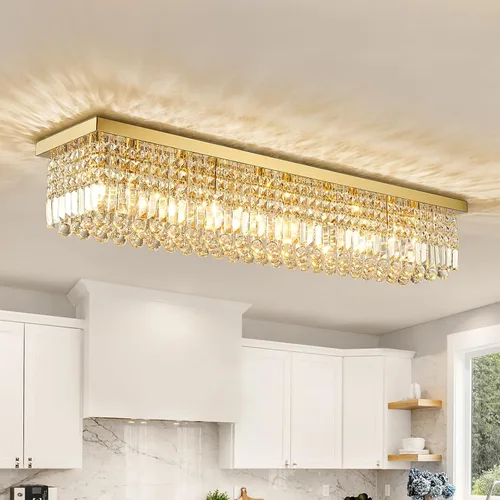 Vista 12 de Siljoy Candelabro de Cristal Moderno de 6 Luces Rectangular Dorado K9 Candelabro de Cristal en Forma de Gota de Lluvia para Comedor, Lámpara