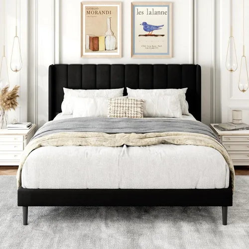 Base de cama tamaño Queen con cabecera tapizada con respaldo de ala, plataforma de fácil montaje, soporte de listones de madera, no necesita somier,