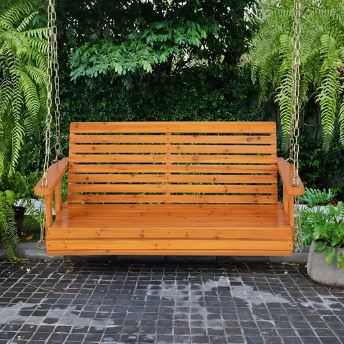 Vista 2 de Columpio doble de madera de cedro de 4 pies con cadena de hierro, 500 libras, color marrón oscuro