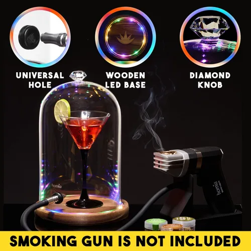 Vista 8 de Accesorio para pistola de ahumar, luces LED, cúpula de vidrio de 9 x 5.7 pulgadas, tapa con base de madera, tapa de infusor de humo para ahumador