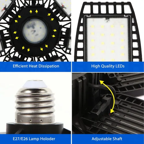 Vista 7 de Luz LED de garaje, luz brillante de garaje con 7 paneles ajustables, 30000 lúmenes, 6500 K, luces LED de techo de garaje deformables, luz LED