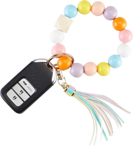 keychain wristlet Silicone Key Ring Bracelet Car Keys Holder Women Beaded Bangle Chains with Leather Tassel