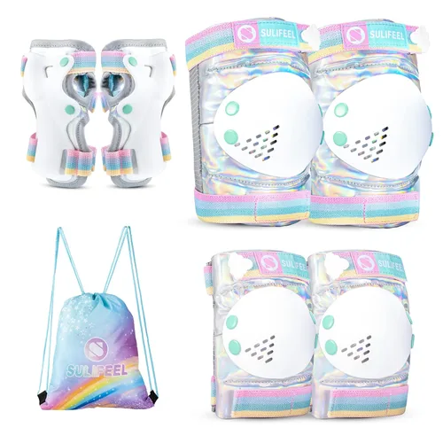 Vista 13 de SULIFEEL Rodilleras de arcoíris y unicornio para niños, coderas, muñequeras con bolsa de cordón, juego de equipo de protección ajustable para niñas