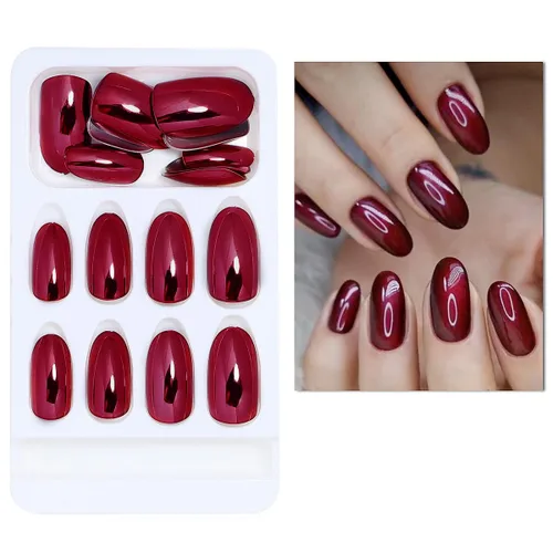 Vista 4 de Uñas postizas acrílicas ovaladas de almendra a presión, diseño de otoño rojo vino con efecto espejo mágico plateado, uñas artificiales de cobertura