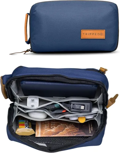 Vista 12 de Tech Bag Organizer - Pequeña bolsa organizadora de electrónica para viajes, funda de viaje premium con detalles de cuero, bolsillo de malla